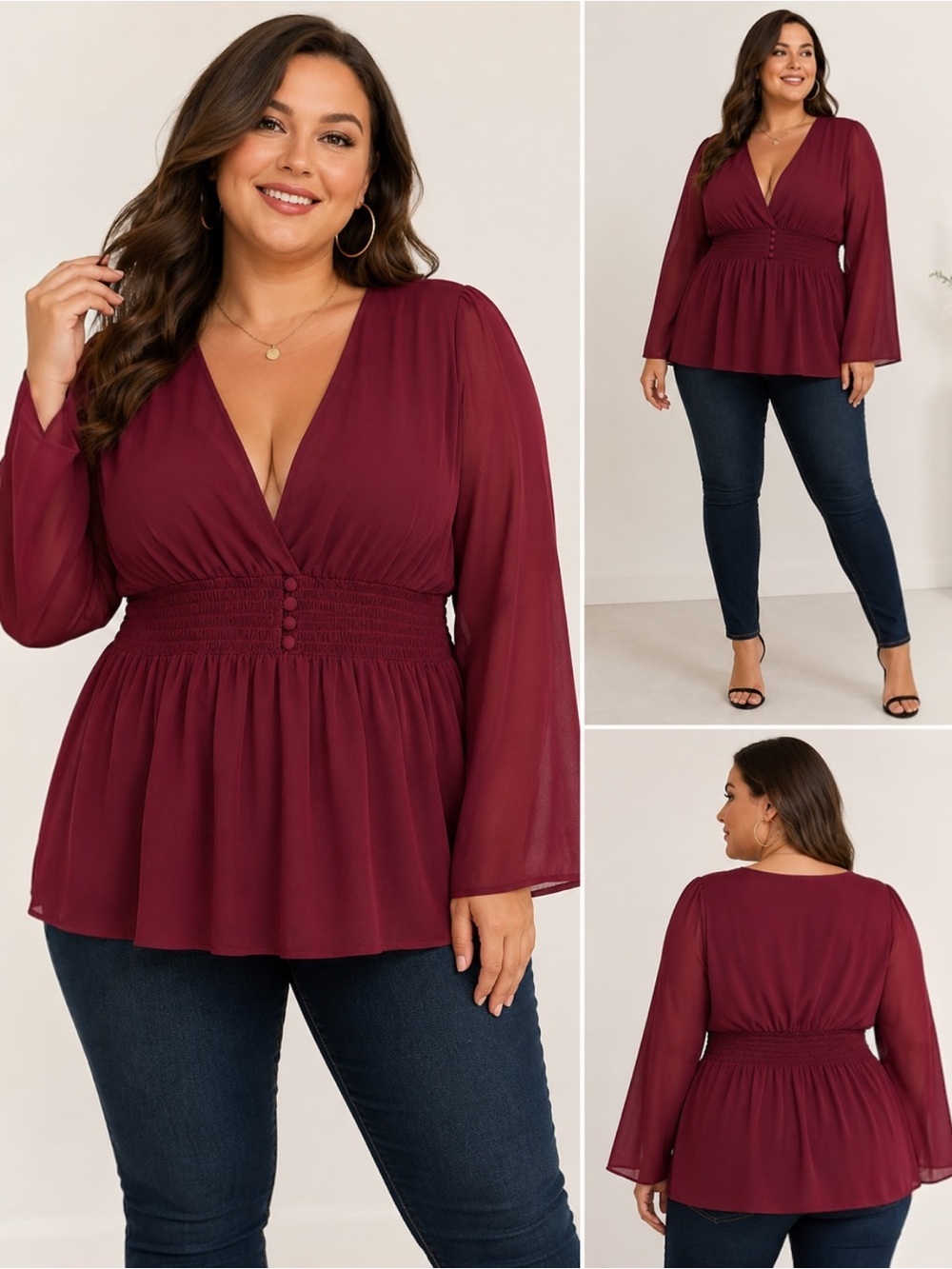 Torrid 1X Burgundy Georgette Babydoll Blouse Smocked Waist Sheer Long Sleeve